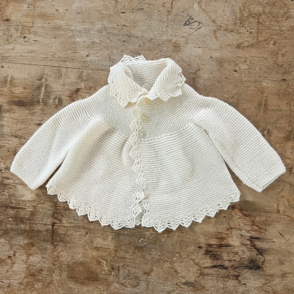 Bamberger's Vintage Knit Cardigan Baby Cream Scalloped Lace Spain Boho
